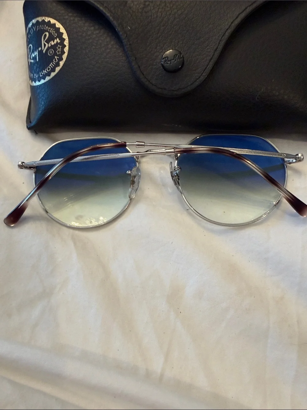 Ray-Ban Silver Frame Sunglasses with Blue Gradient Lenses and Brown Temples